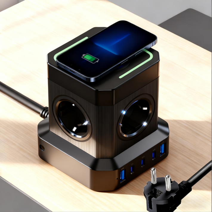 Voltmate 무선 충전 USB TYPEC타입 고속충전 고용량 큐브 멀티탭 콘센트, 블랙, 1개