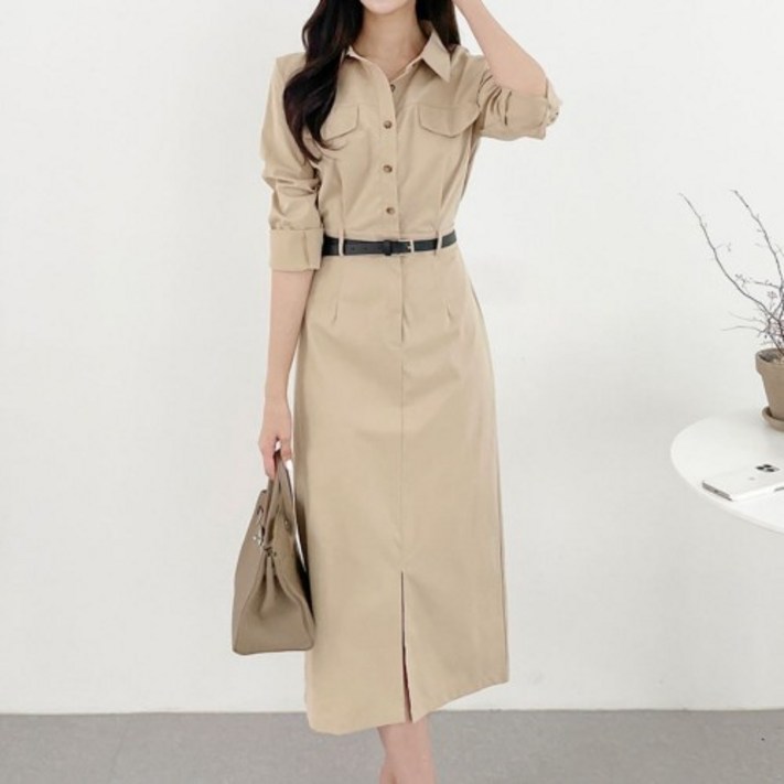 한지민원피스 송혜교옷 뒷밴딩 벨트세트 롱 셔츠원피스 결혼식복장