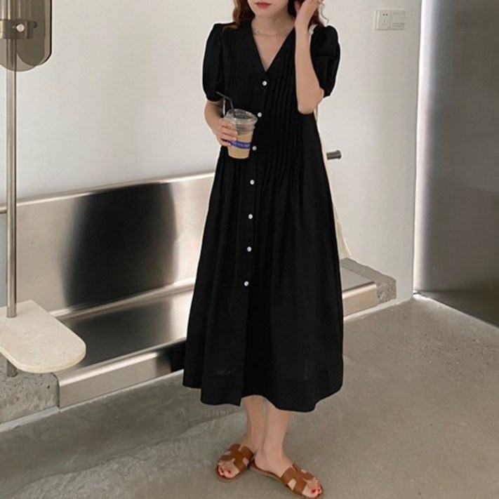 모니카 세로 핀턱 버튼 롱 원피스 제이플로우 린넨 여름 루즈핏 주름 브이넥