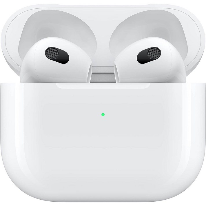라이트닝 충전 케이스 포함 Apple AirPods3세대 무선 이어버드. 공간 오디오, 땀과 물에 강함, 최대 30시간의 배터리 수명. iPhone용 블루투스 헤드폰