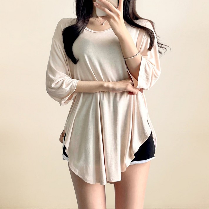 스트릿제이 루즈핏 롱 티셔츠 브이넥 레이온 티 스트릿제이 루즈핏 롱 티셔츠 브이넥 레이온 티