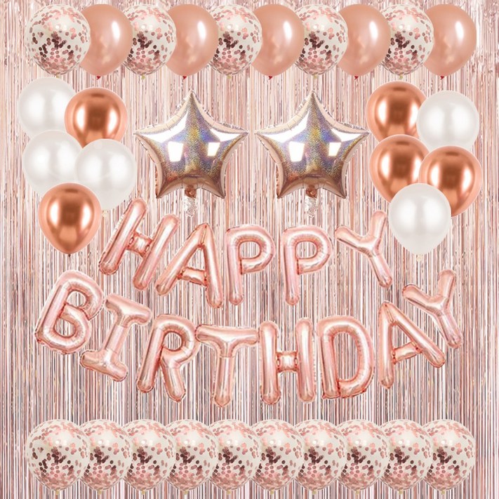 홀로그램 스타 생일축하 풍선 파티커튼 세트 [에브리띵스마일], 1세트, 로즈골드 풍선 로즈골드 커튼
