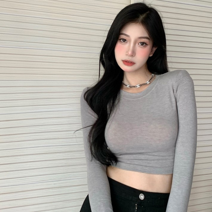 Kdragon 여성 베이직 라운드 긴팔 무지 크롭 슬리핏 티셔츠