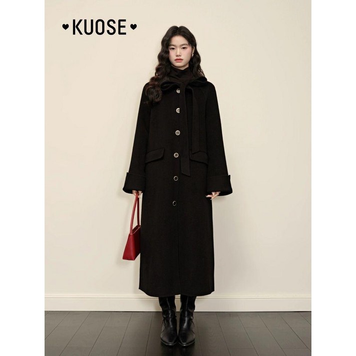 KUOSE 쿠오세 코트 헵번 양면 모직 가을 겨울 블랙 중간 길이