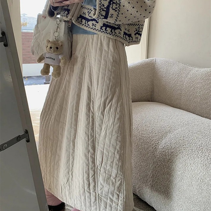 Glowhope 여성 패딩 밴딩 스커트 치마 퀼팅 겨울 A라인 미디 롱 스커트 긴 치마