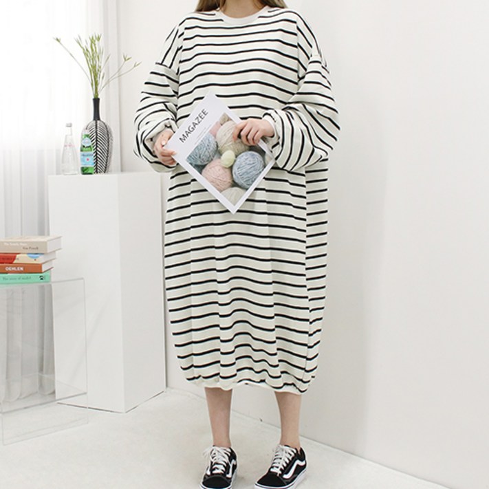 코튼클로스 단가라 퍼프 원피스쭈리기모 ver.기모원피스 쭈리기모 줄무늬원피스 단가라원피스 빅사이즈원피스 큰옷