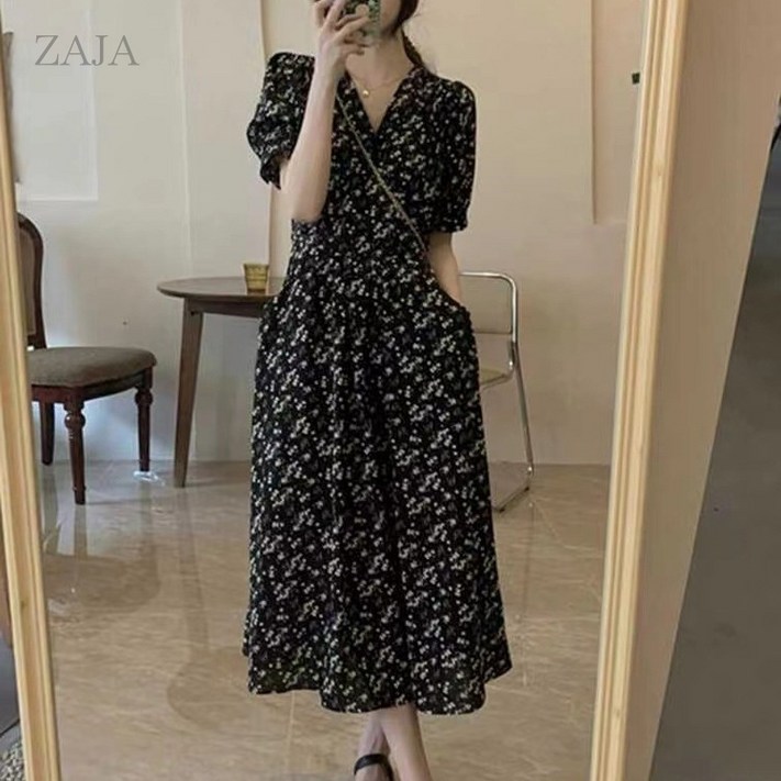 ZAJA 여성 여름 플라워 롱원피스 브이넥 슬림핏 A라인 날씬해보이는 데일리룩