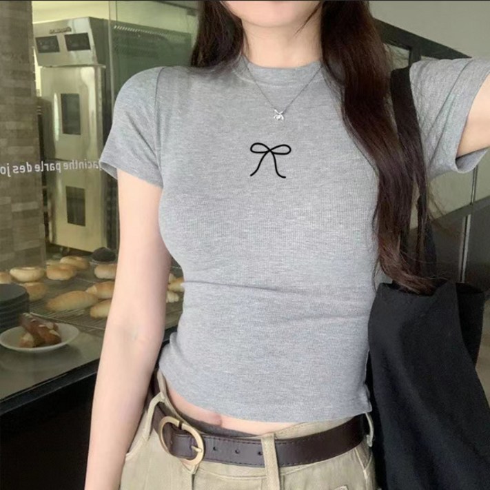 투니스 여성 심플 리본 슬림핏 반소매 티셔츠