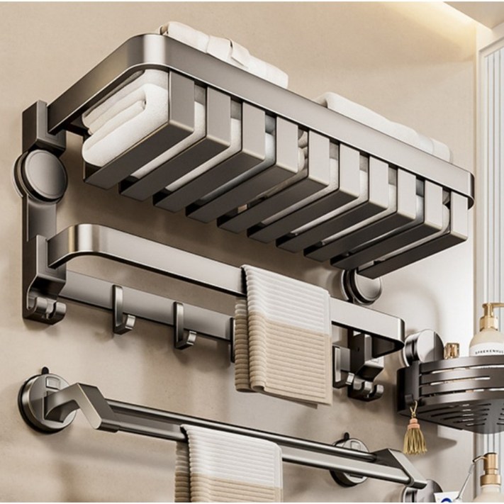 바네오 무타공 흡착식 욕실선반 수건걸이 60cm 대형, 모던그레이