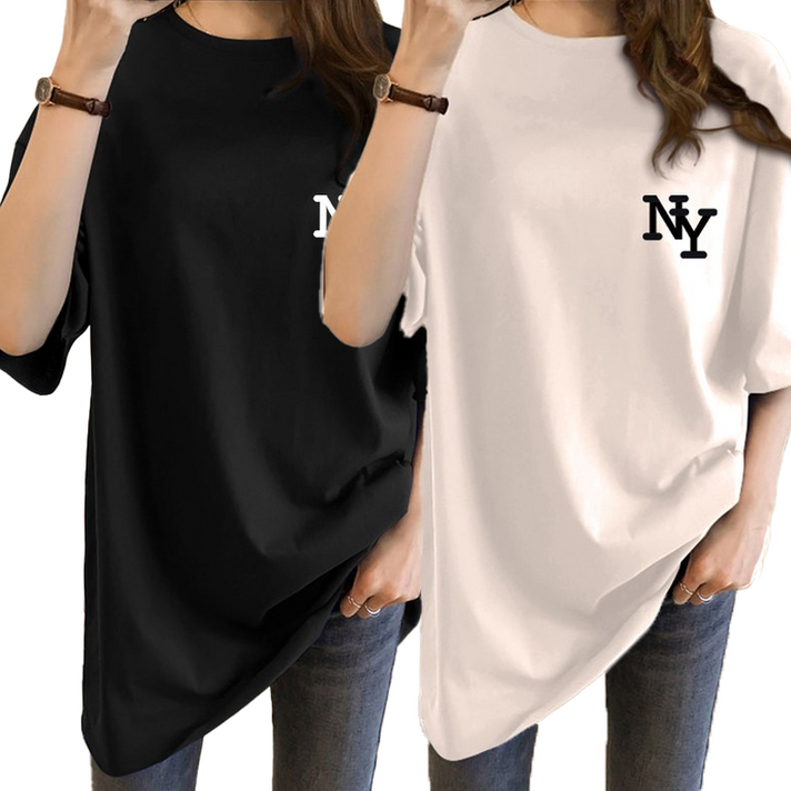 스타일아유 여성 여름 오버핏 반팔 NY 롱박스티셔츠 2p
