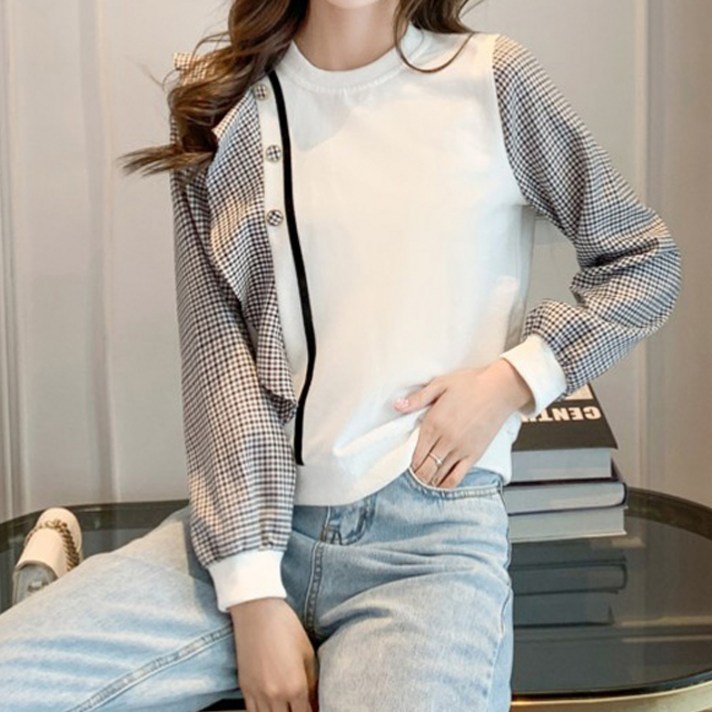 메이첼 프릴 체크 라운드 맨투맨 00289