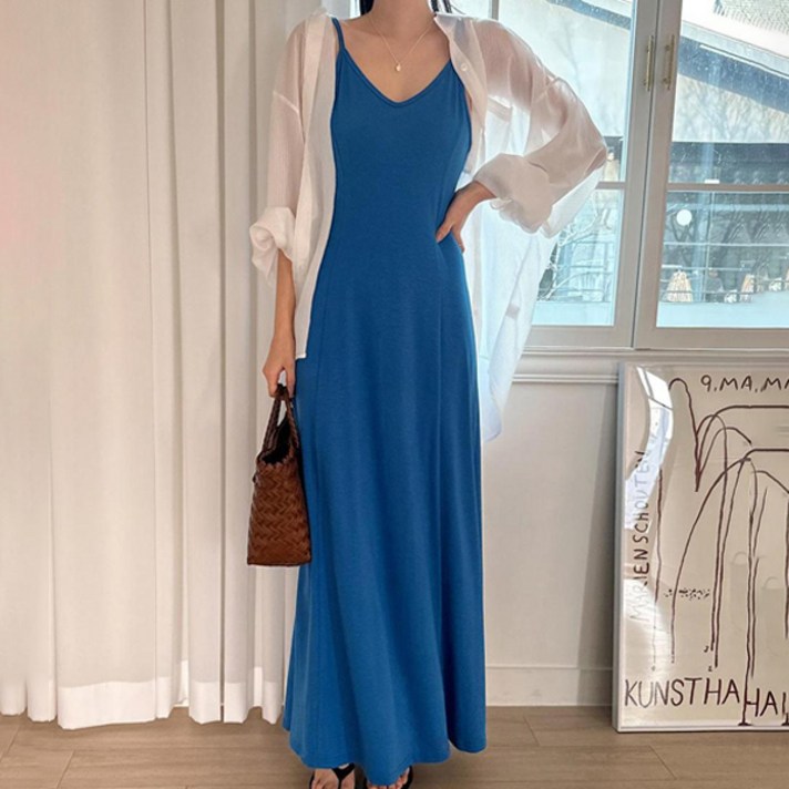 세이스타일 여성용 소프트 끈나시 절개 플레어 롱 원피스