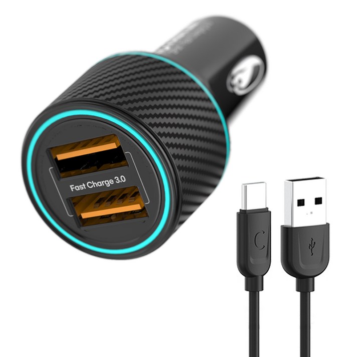 프라임큐 고속 3.0 36W 2포트 LED 차량용 C타입 8핀 충전기  고속충전 케이블 세트, 블랙, PRQCCG100