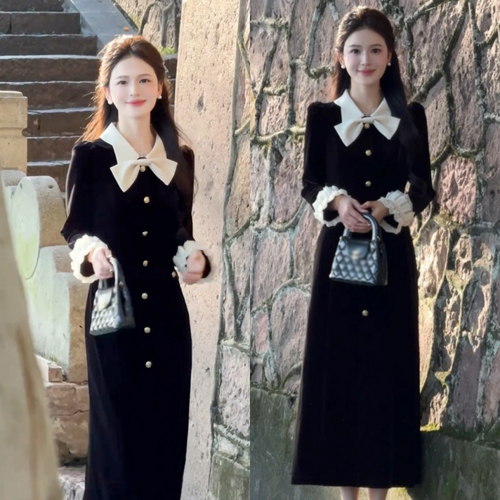 Asure 여성원피스 벨벳 하객원피스 리본 롱원피스 데이트룩