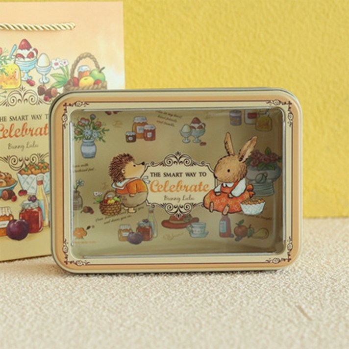 철제 틴케이스 소품함 토끼 일러스트 투명 사각 캐릭터 선물 포장 틴박스 수납함 보석함 종이백 종이가방, 03  옐로우토끼, 1개