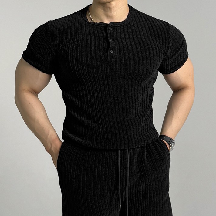 머슬핏 벨로아 헨리넥 반팔티셔츠 2컬러