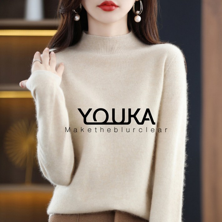 유카 여성 가을 겨울 캐시미어 100 터틀넥 심플 부드러운 와이드 반목폴라티