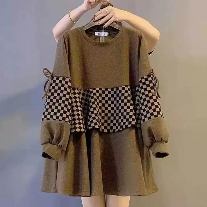 오스틱니 90kg까지 날씬해보이는 맨투맨 원피스 여성 가을 겨울 편한 간절기 체크 긴팔 라운드 넥 기모 롱티 롱맨투맨 루즈핏 제인드 가을옷 빅사이즈 캐주얼 패션 데일리 상의옷