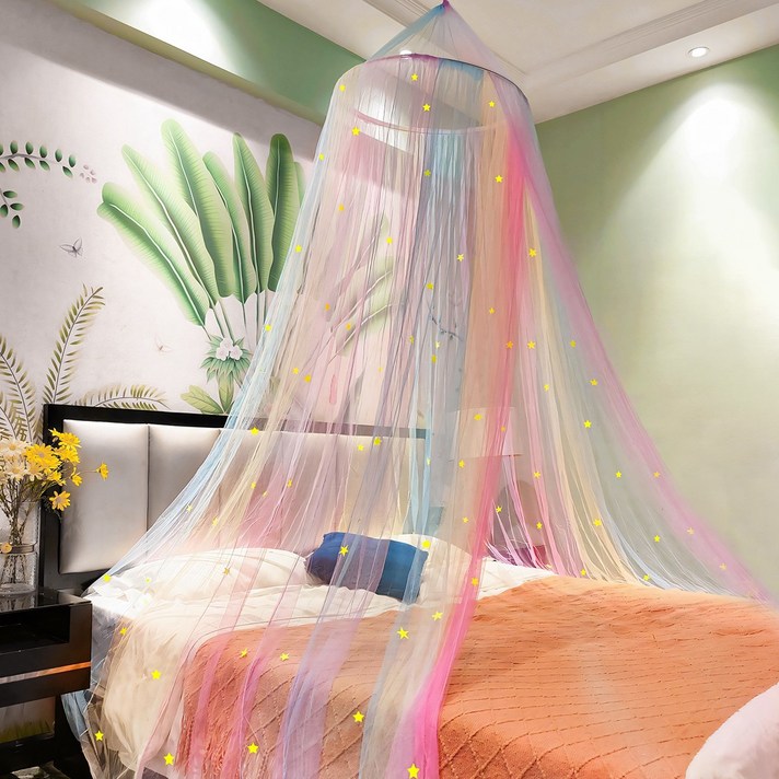 원 토새 휴대용 캠핑용 접이식 원형 캐노피 모기장, 무지개색