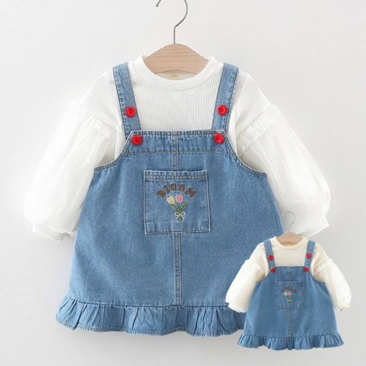 몽실이 벌룬소매 프릴데님멜빵원피스세트