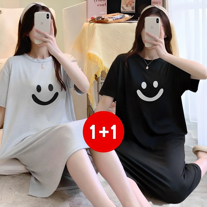 마쿠쿠 11 세트 스마일 면 혼방 여성 잠옷 홈웨어 원피스 반팔 롱 티셔츠