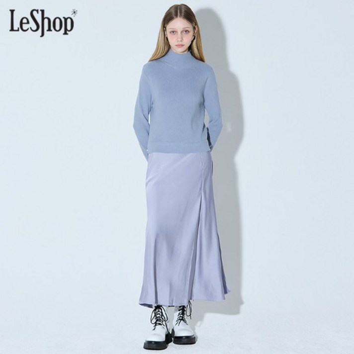 폴라 니트배색 새틴 트임 원피스