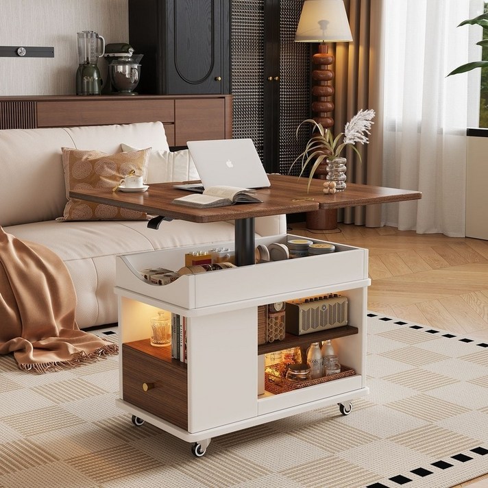 피레아 견고한 접이식 테이블 소파 사이드 테이블, 리프팅 테이블 화이트월넛