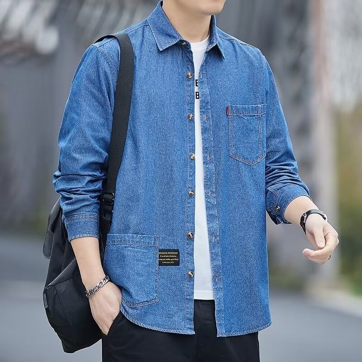 봄가을 신상 순면 데님 셔츠 남성 긴팔 면 셔츠 캐주얼 재킷 루즈핏