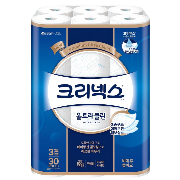 크리넥스 울트라클린 천연펄프 3겹 고급롤화장지, 27m, 30개입, 1개 크리넥스 울트라클린 천연펄프 3겹 고급롤화장지, 27m, 30개입, 1개