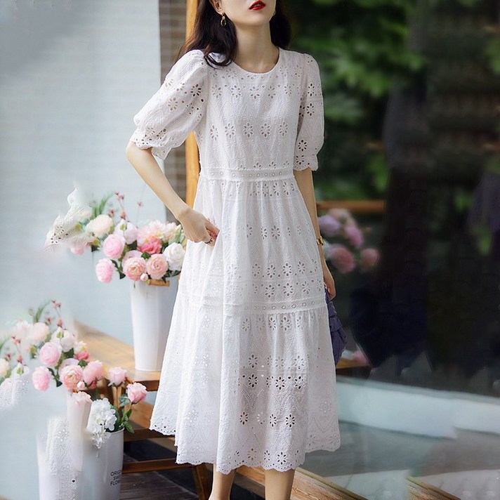 POMTOR 여성 펀칭 자수 순면 원피스 POMTOR 여성 펀칭 자수 순면 원피스