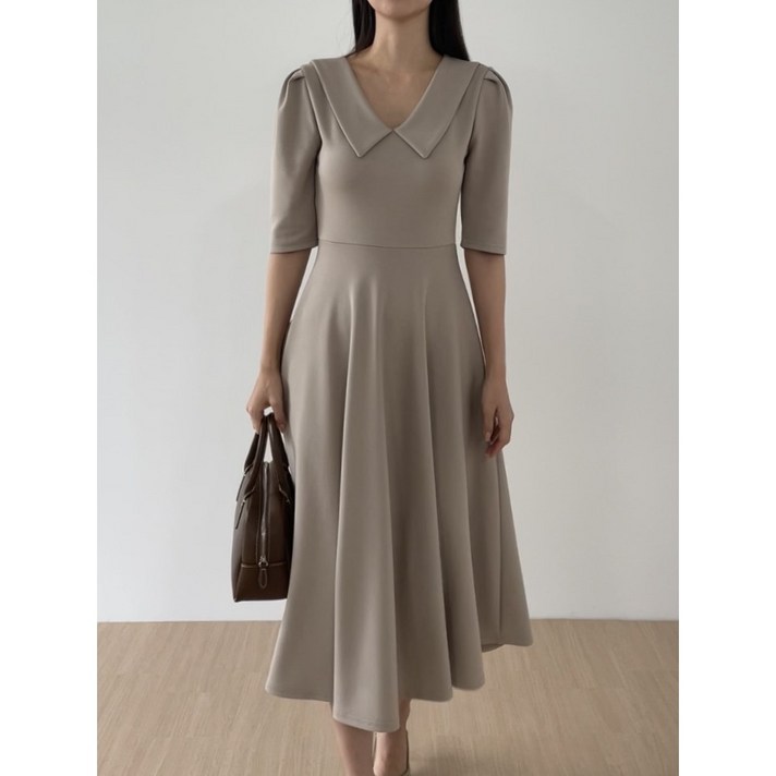 자체제작브이 카라넥 결혼식 하객원피스 격식룩 반팔 여성 스판 롱원피스