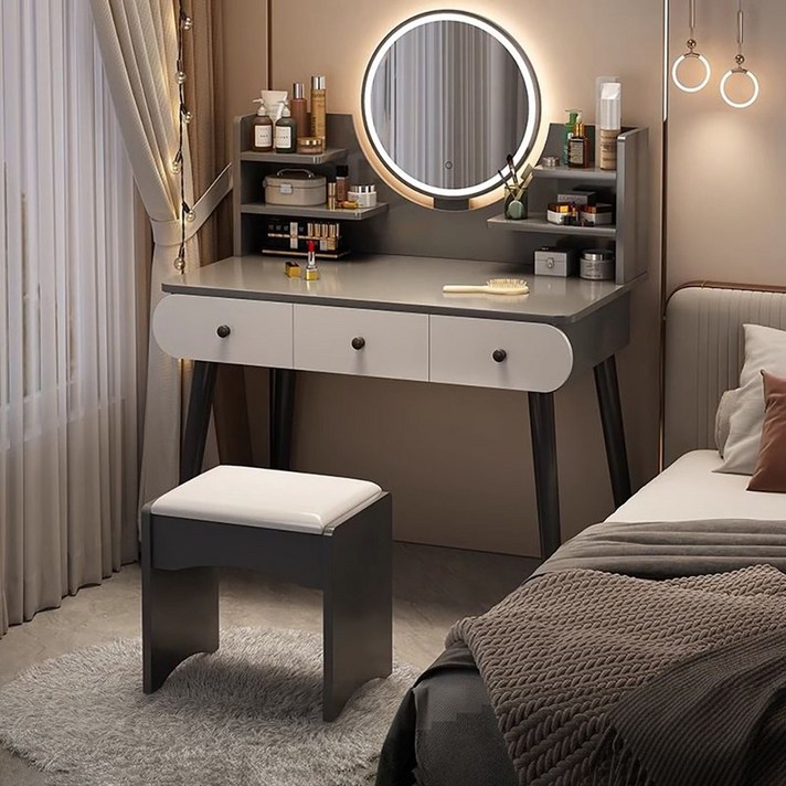 침실 6008001000 입식 서랍 수납 LED 거울 화장대, 그레이LED 거울의자A