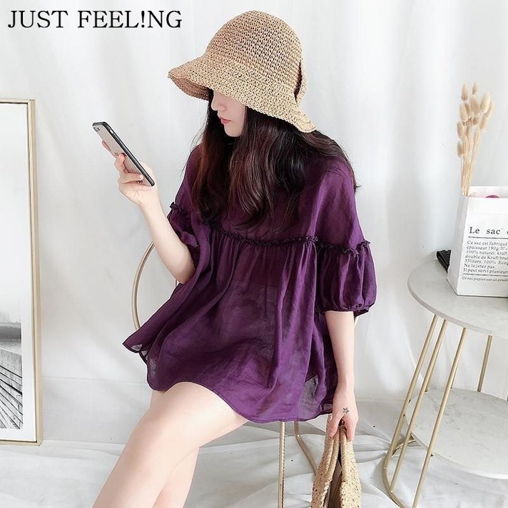 JUSTFEELING 여름신상 소프트 시원한 A라인 캐주얼 셔츠 블라우스 여성 상의