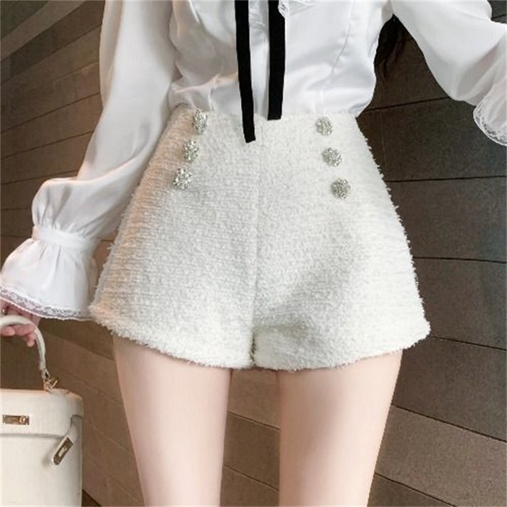 besteffie 여성용 고급 트위드 스타일 하이웨이스트 숏 팬츠 더블 버튼 입체장식 디자인 반바지 K19