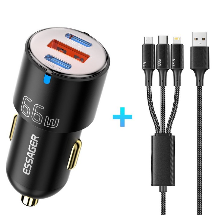 Essager 66W PPS PD3.0 QC3.0 3포트 고속 차량용 충전기, 66W 블랙 Essager 66W PPS PD3.0 QC3.0 3포트 고속 차량용 충전기, 66W 블랙