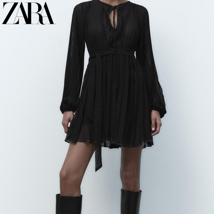 ZARA 여성 쉬폰원피스 블랙 플리츠 드레스 끈벨트 긴소매 4786294 800 20231128