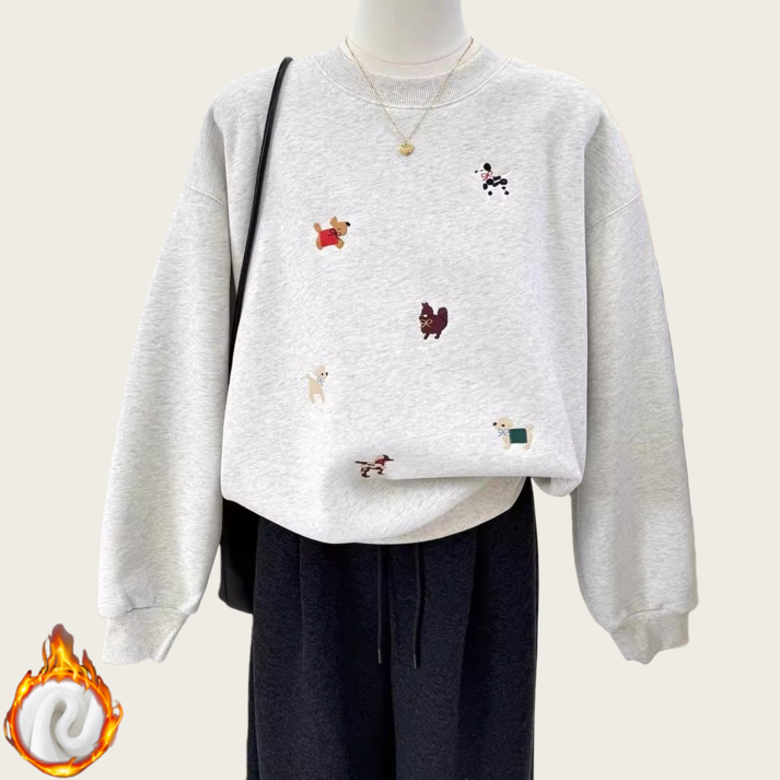 Makone 여성 가을 겨울 라운드넥 티셔츠 자수  캐릭터 기모 맨투맨