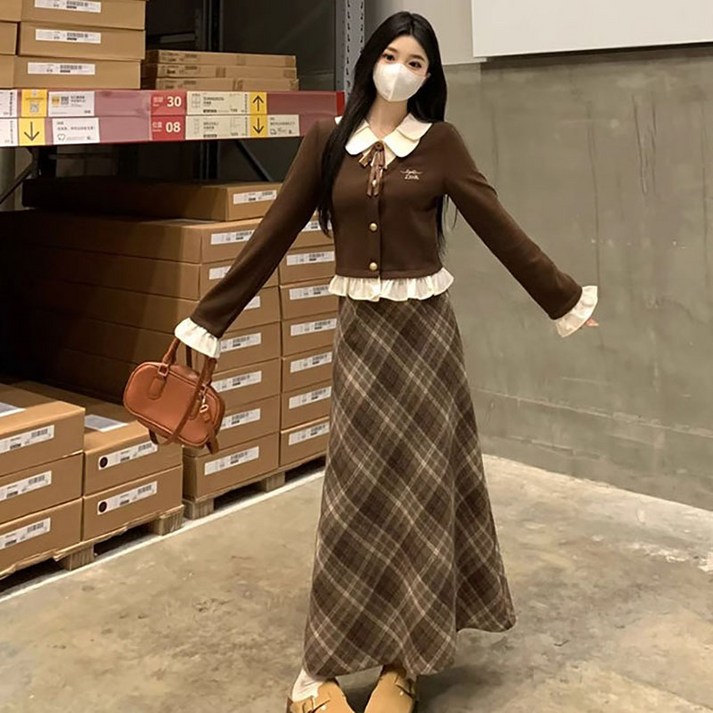 Skyciky 키 작은 여성용 빈티지 체크 반스커트 가을 겨울 신상 디자인 A라인 롱 스커트 MM688