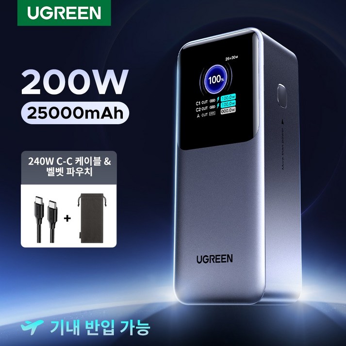UGREEN 유그린 Nexode 200W 보조배터리 25000mAh 대용량 보조배터리고속충전 PD 3.1 고속 충전 3포트 보조베터리 240W C-타입 고속 충전 케이블 포함, Grey, PB722