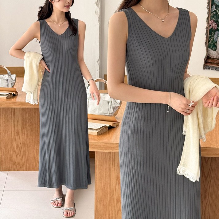 데일리앤 스완 차르르 쿨링 여름 니트 나시 원피스 브이넥 골지 이너 민소매 휴양지 롱원피스