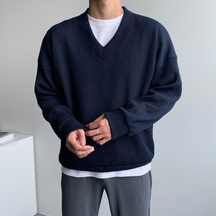 남자 제인드 브이넥 오버핏 니트 긴팔 스웨터 티셔츠 옷 가을 겨울 간절기 옷 코디 - 투데이밈