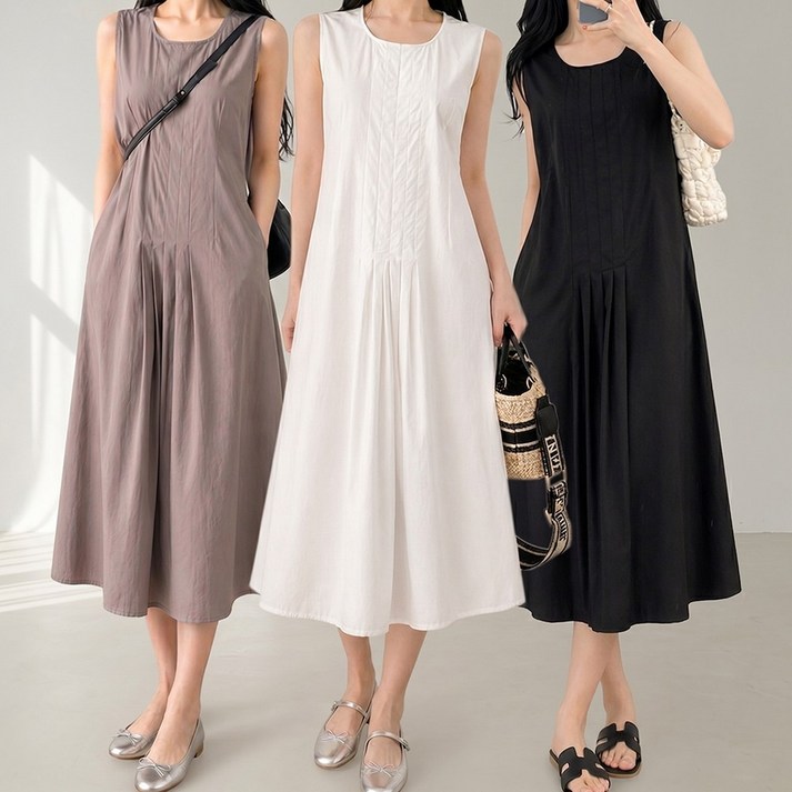 룩업 여성 롱 나시 민소매 핀턱 원피스 하객룩 A라인 플레어 주름 데이트룩 데일리