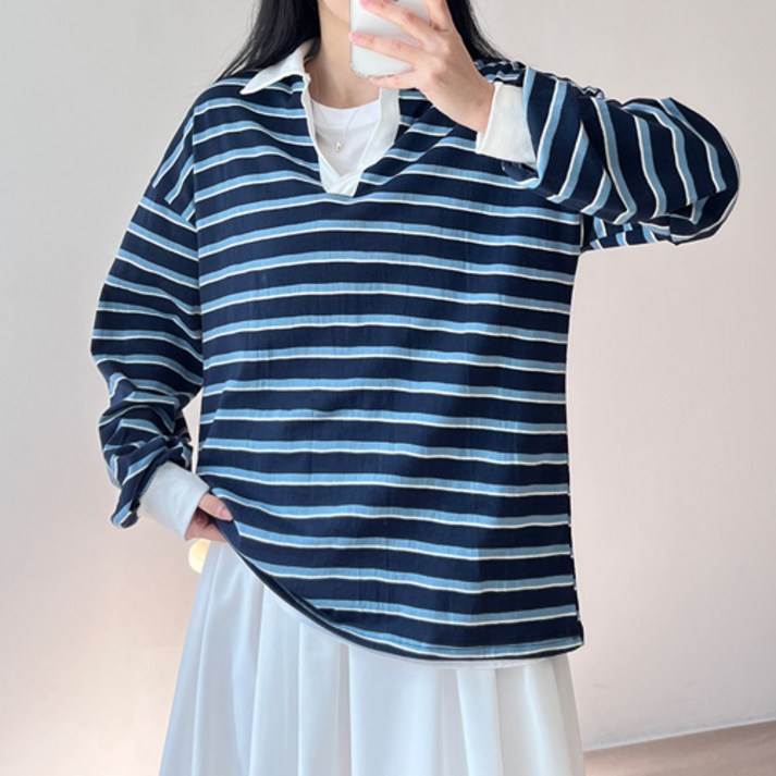 걸즈팩토리 여성용 하스카라 스트라이프 오버핏 긴팔티셔츠 국내제작