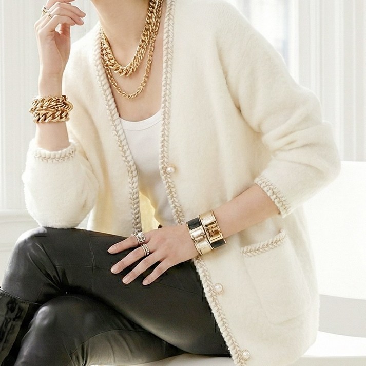 포씨 여성 초봄 니트 가디건 브이넥 트위드 부클 버튼 루즈핏