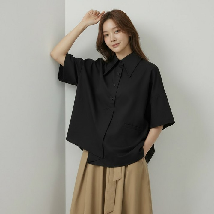 아뗄릭 여성용 로븐 카라 핀턱 루즈핏 셔츠 11342