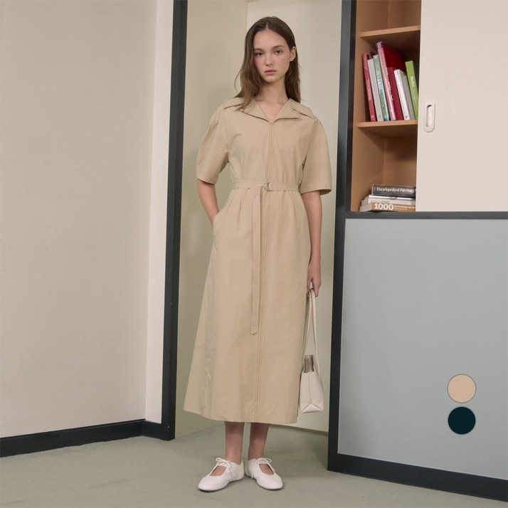 쥬시쥬디 여성용 통기성 벨티드 오픈 카라 원피스 JZOP320B