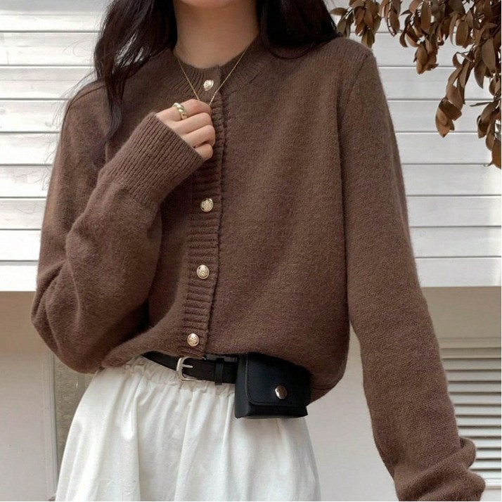 SAHINER 봄가을 여성 크롭 라운드넥 니트 가디건 L194