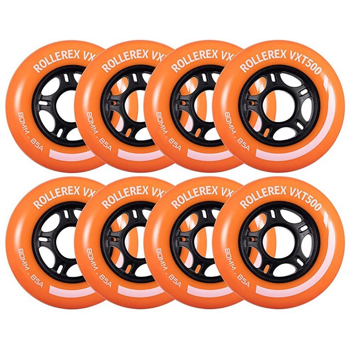 Rollerex VXT500 인라인 스케이트 휠 8팩 다양한 사이즈 및 색상 옵션 제공 스틸 블랙, 80mm 실내 실외  롤러 블레이드 교체용 4420307097, Sunrise Orange