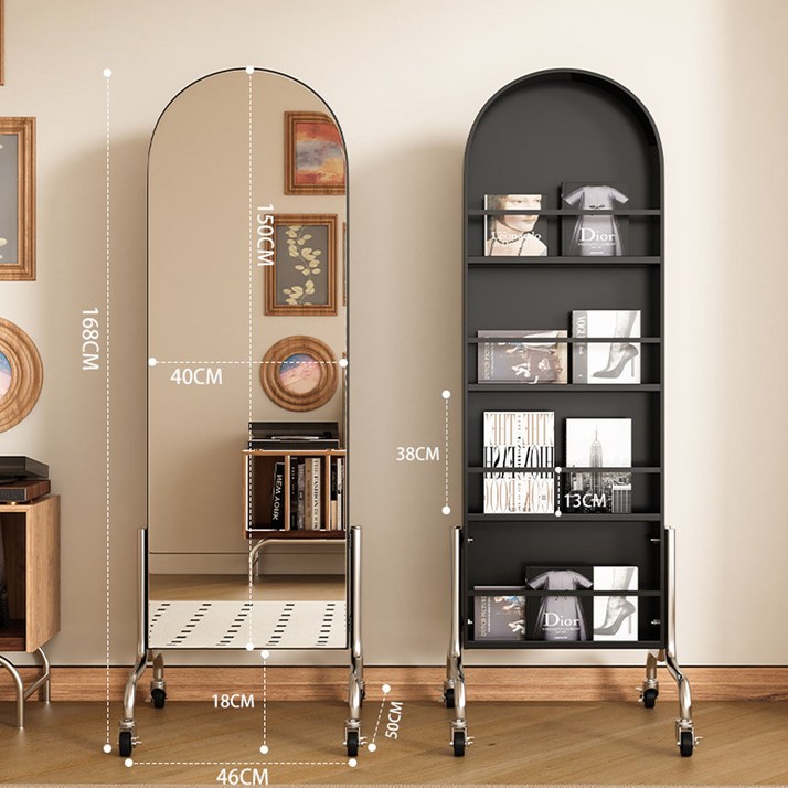 SOPUM HOUSE 철제 이동식 스탠드 전신거울 인테리어 회전 수납선반 다용도, 블랙