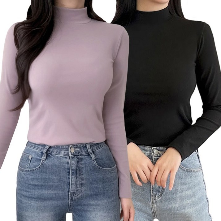 1+1 허블리 부드러운 여성 도톰 기모 반목티 긴팔 티셔츠